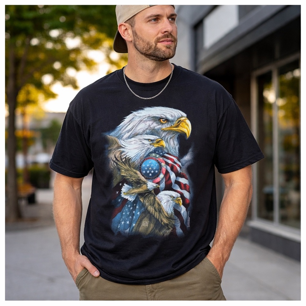ANVIL Humanitees Graphic T-Shirt Patriotic Eagle Stars Stripes Red White Blue